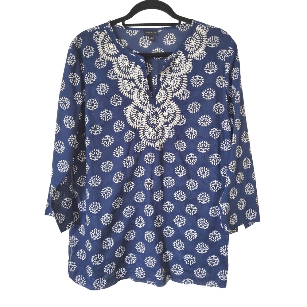 Talbot Blue White Floral Print Embroidered VNeck‎ Tunic Top Women's M Vacation